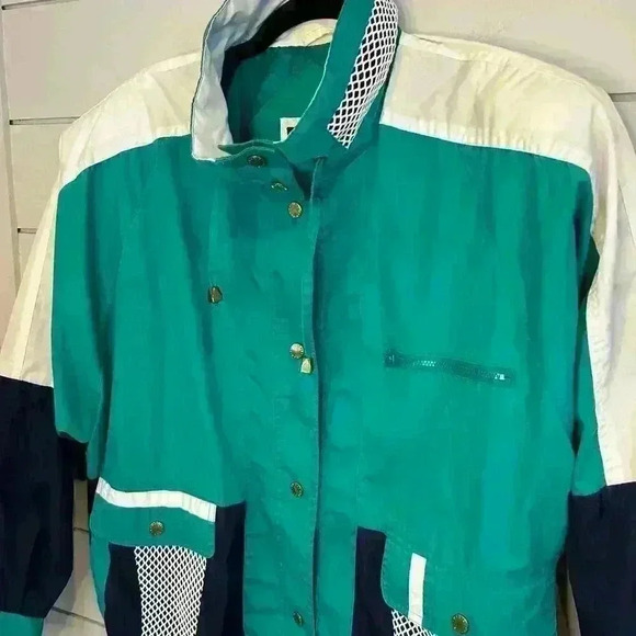 Vintage 80's Wind Breaker Teal White Navy Nautical Miami Vice Sz Med‎ - Picture 2 of 9